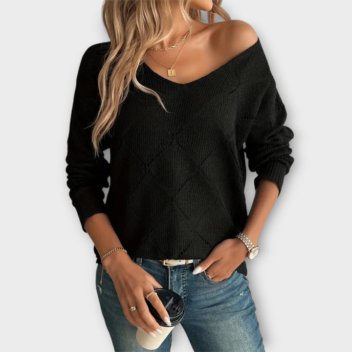 Ève - Pull décontracté noir avec motif en losanges