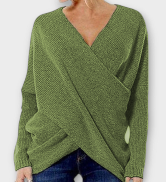 Hélène - Pull croisé vert avec décolleté en V