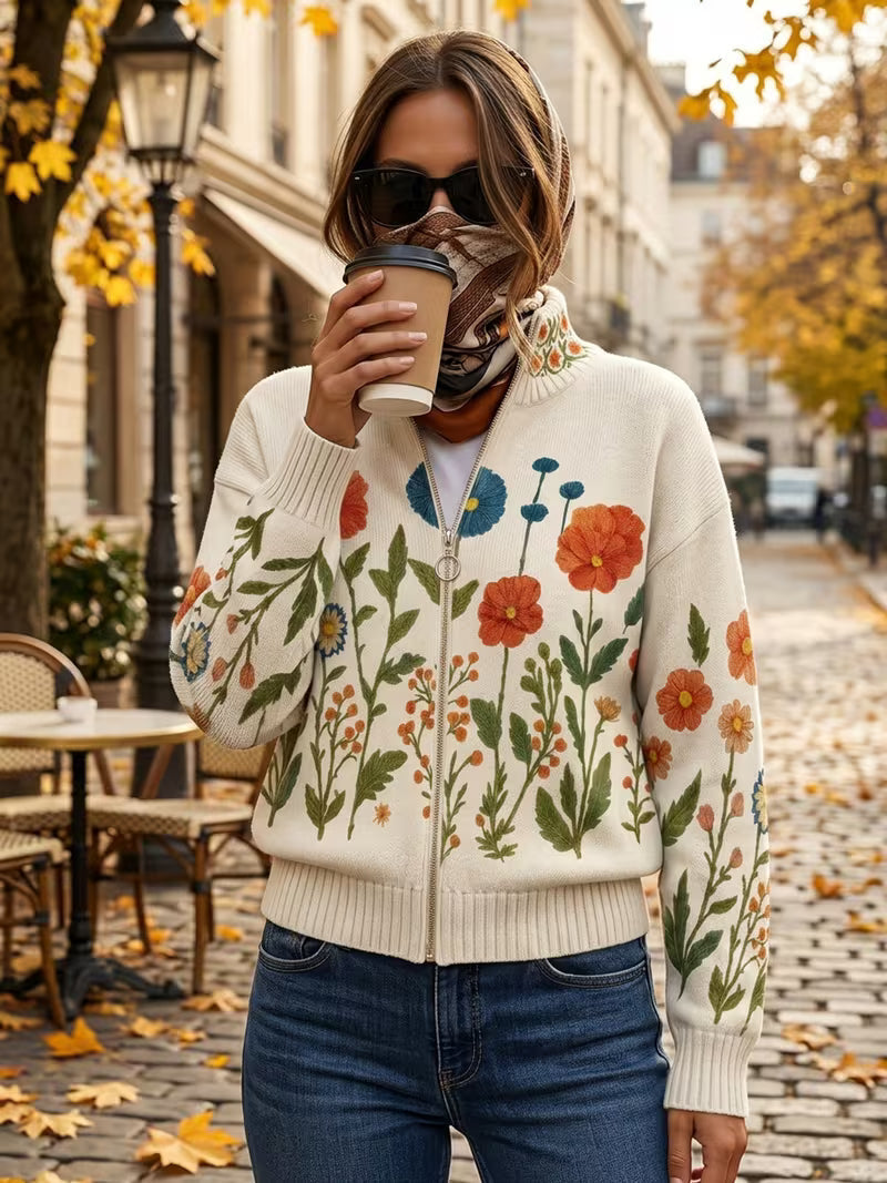 Renée - Cardigan zippé à fleurs sauvages