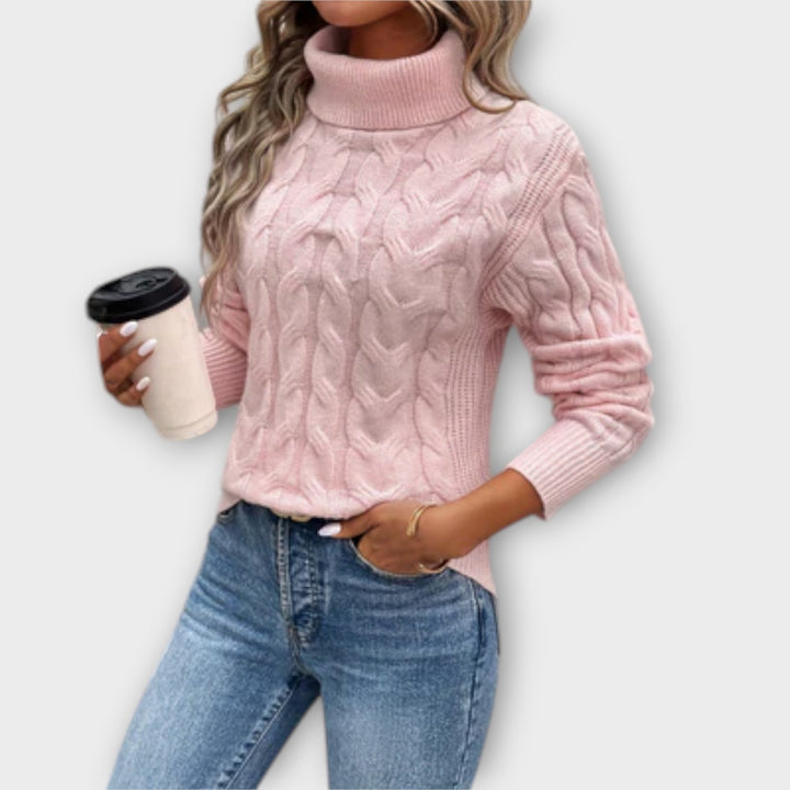 Amélie - Pull à col roulé élégant en rose avec motif en torsades