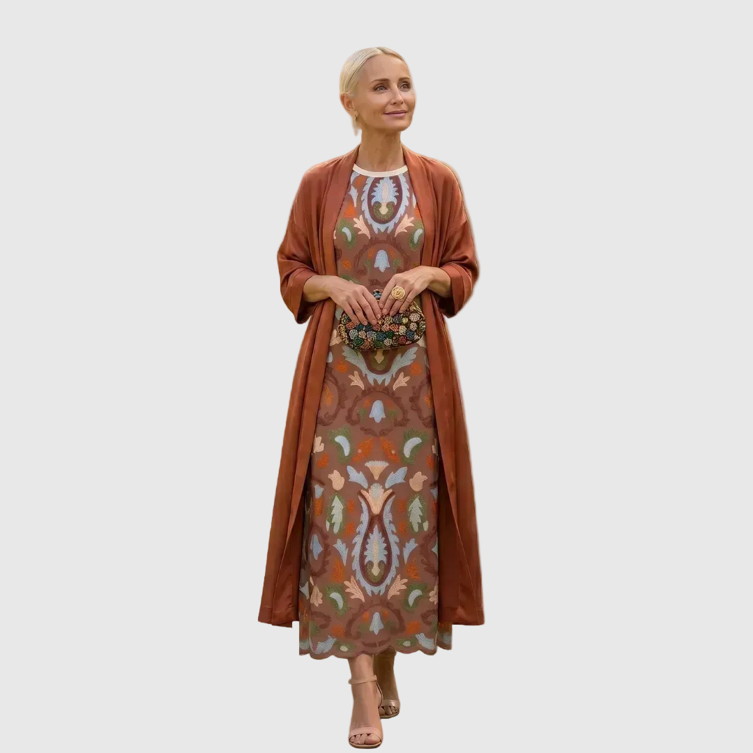 Daniela - Robe longue à motif floral avec gilet ajusté