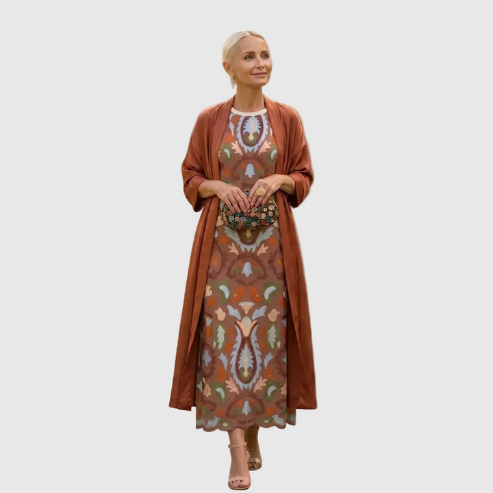Daniela - Robe longue à motif floral avec gilet ajusté
