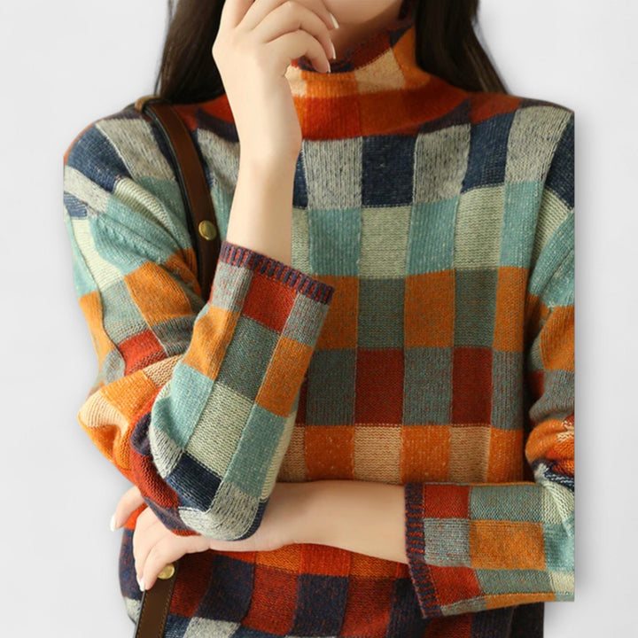 Maëlle - Pull à col roulé coloré avec motif à carreaux