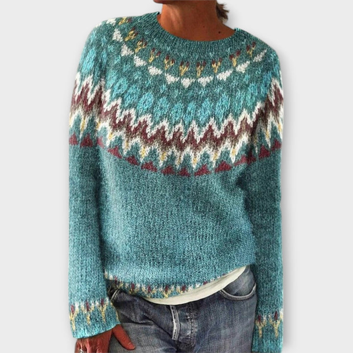 Romy - Pull en velours côtelé couleur pétrole avec motif norvégien