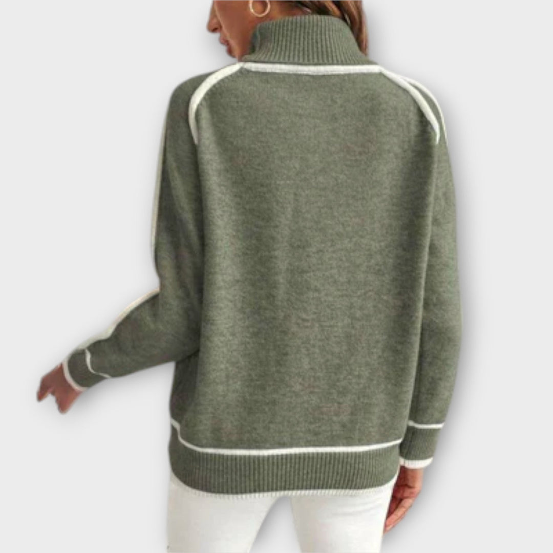 Salomé - Pull olive avec rayures contrastées