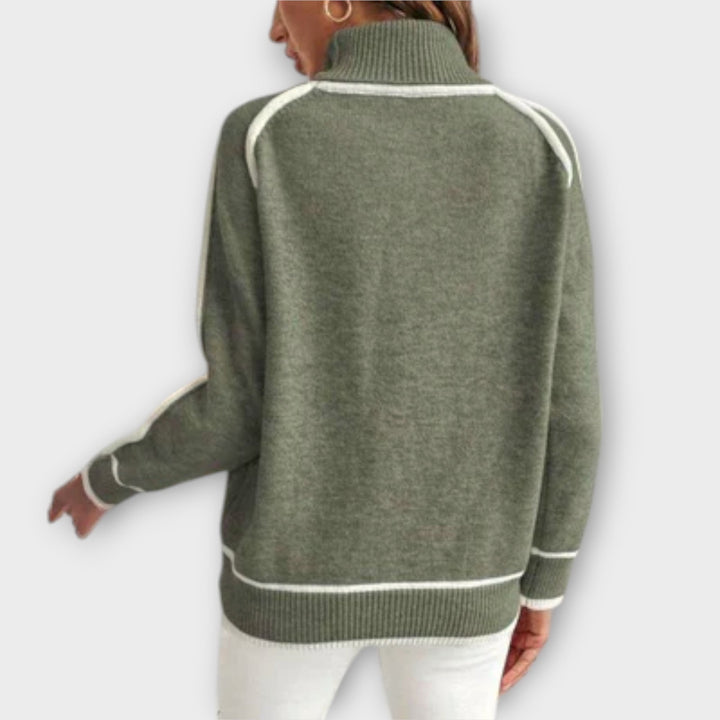 Salomé - Pull olive avec rayures contrastées