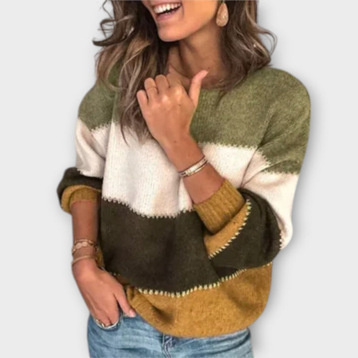 Juliette - Pull douillet couleur olive avec color-block