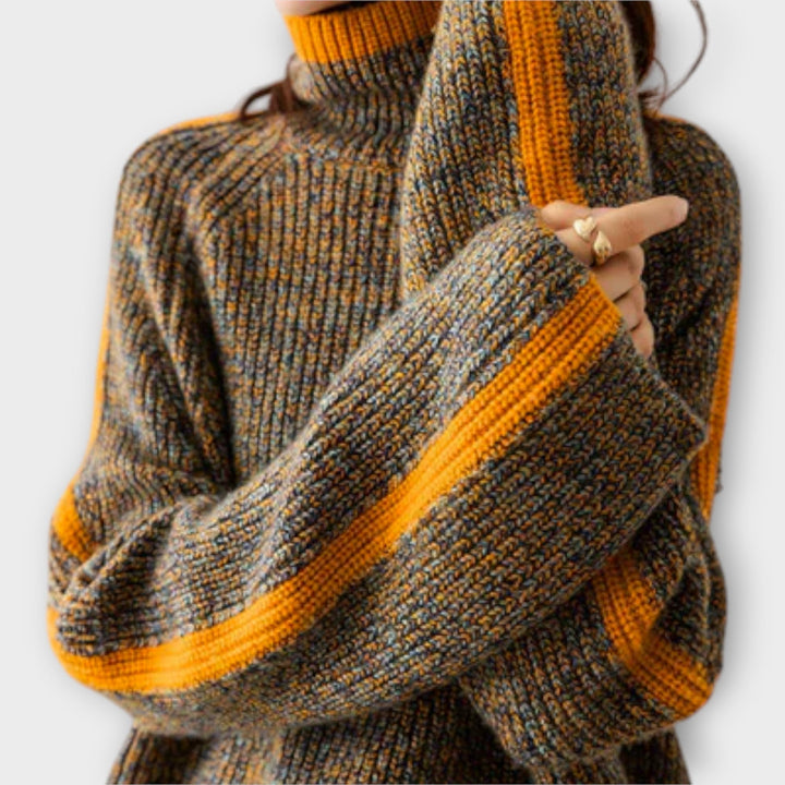 Tiphaine - Pull vintage à col roulé brun avec rayures