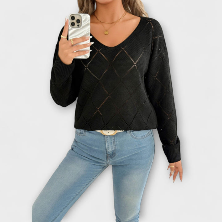 Ève - Pull décontracté noir avec motif en losanges