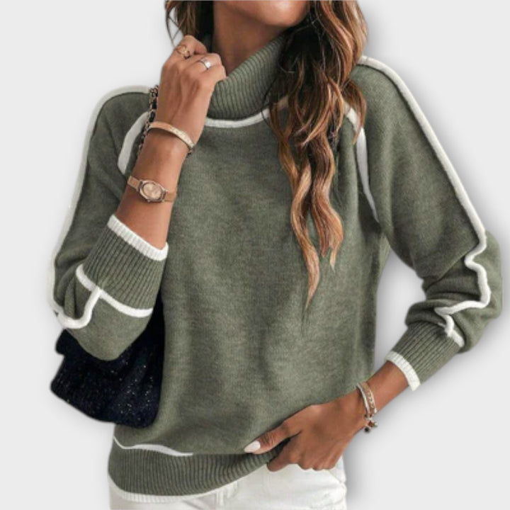 Salomé - Pull olive avec rayures contrastées