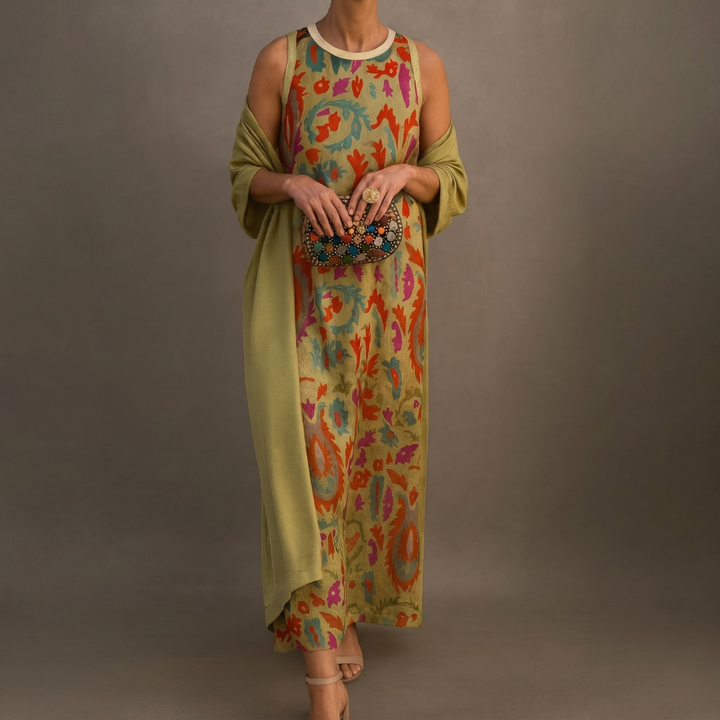 Daniela - Robe longue à motif floral avec gilet ajusté