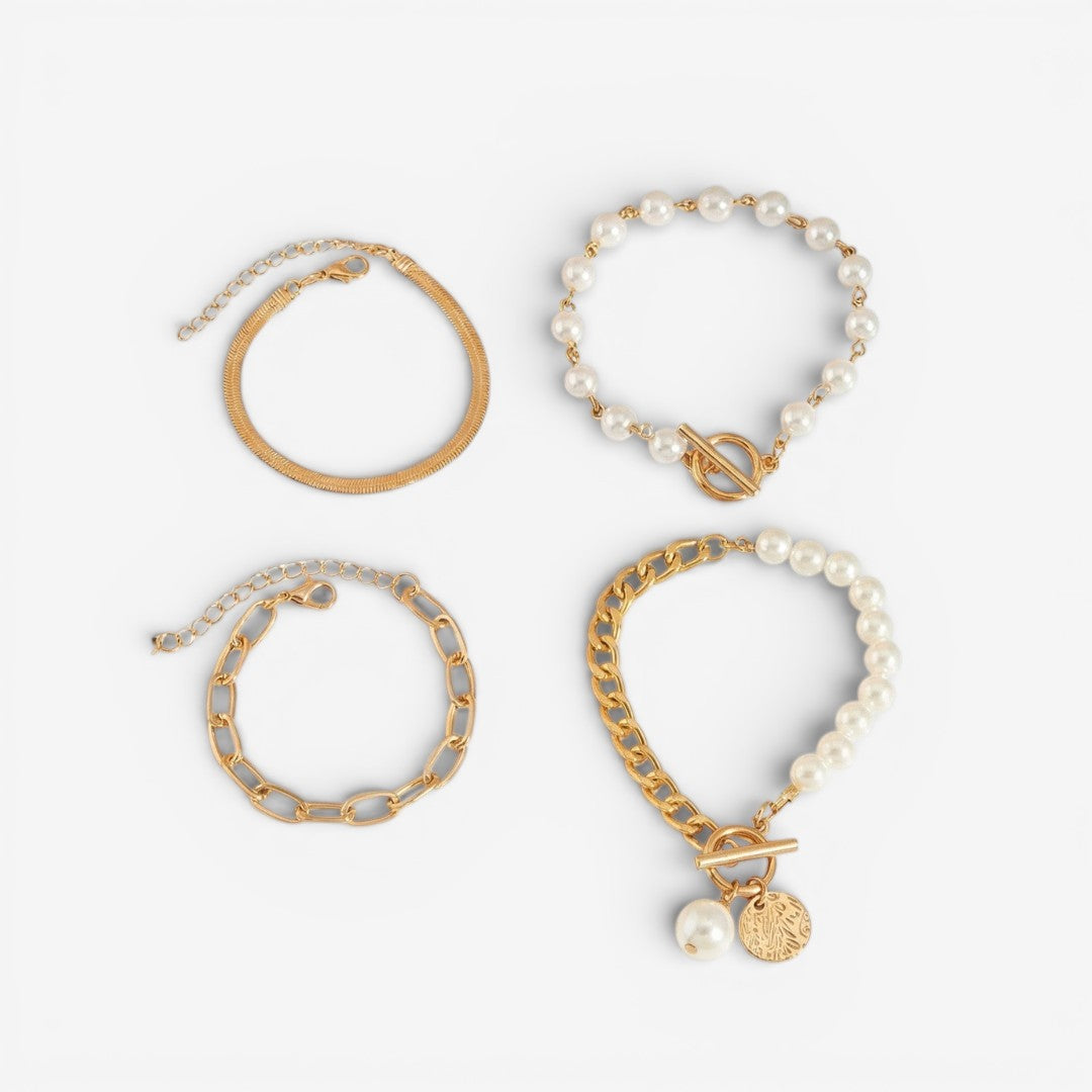 Ensemble de bracelets chic en or 4 pièces – Serpent, perles et maillons