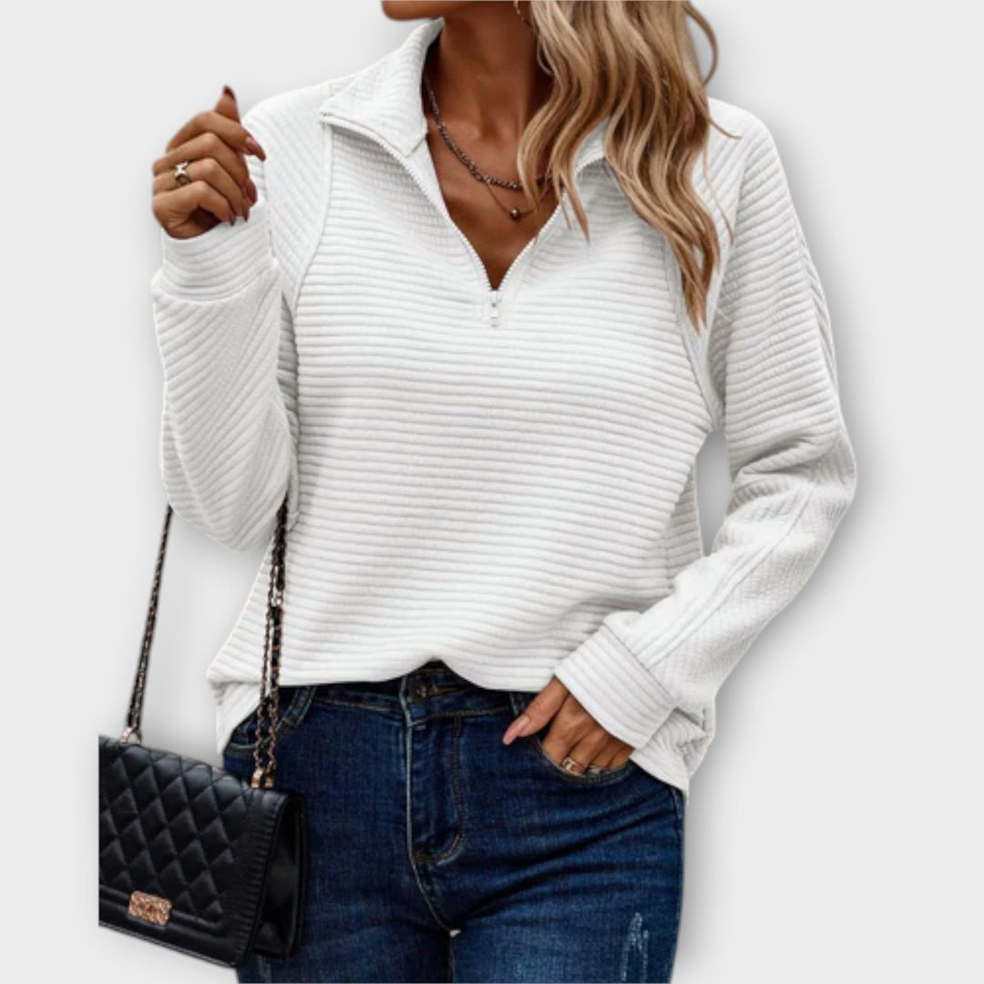 Sandrine - Pull à demi-zip en rose avec motif en côtes