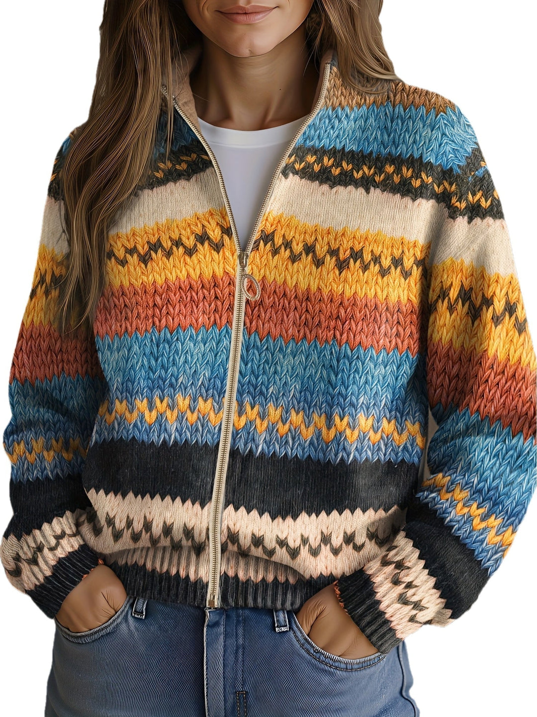 Yseult™ - Cardigan en tricot à rayures zigzag multicolores
