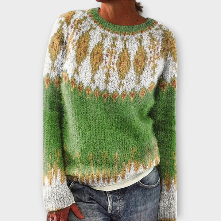 Romy - Pull en velours côtelé couleur pétrole avec motif norvégien