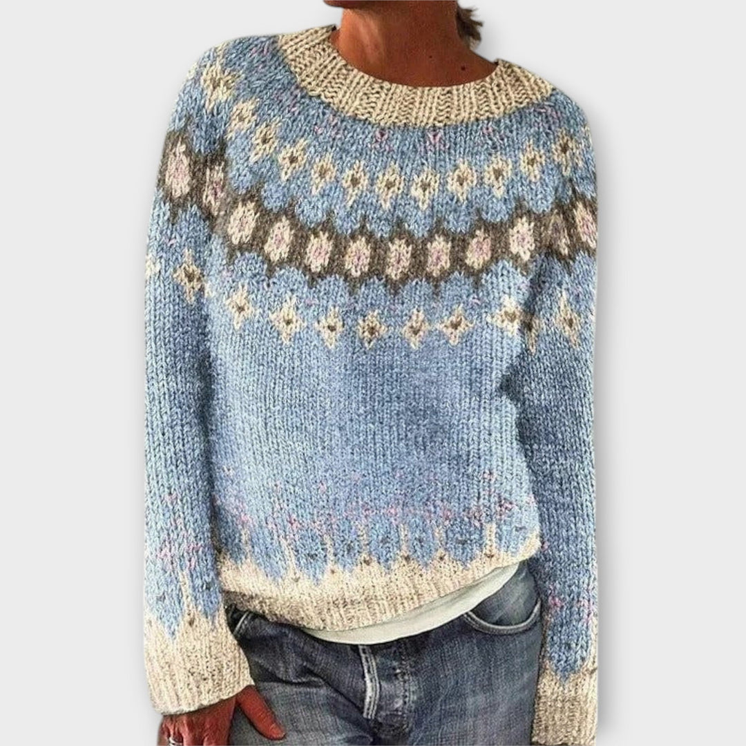 Romy - Pull en velours côtelé couleur pétrole avec motif norvégien