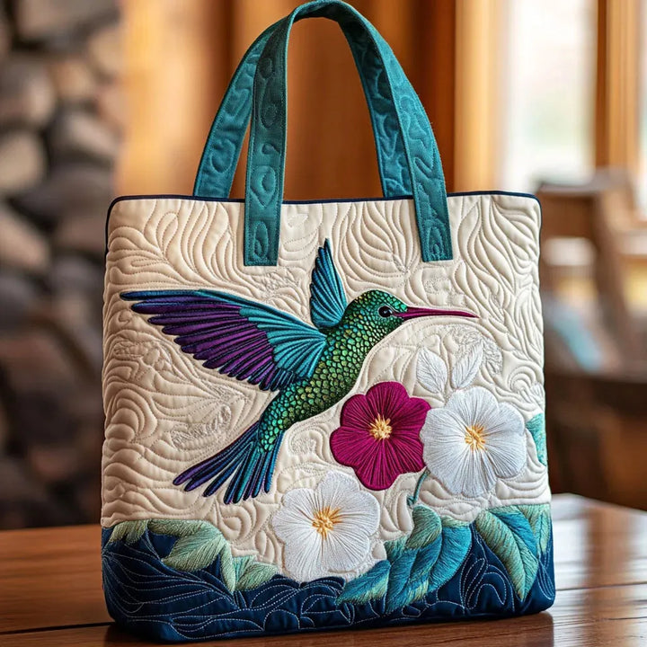 Sac tote matelassé - Colibri et Fleurs Blanches
