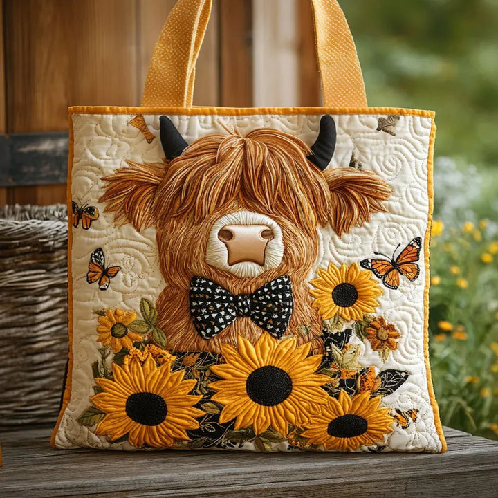 Sac tote matelassé - motif avec du bétail highland et des tournesols