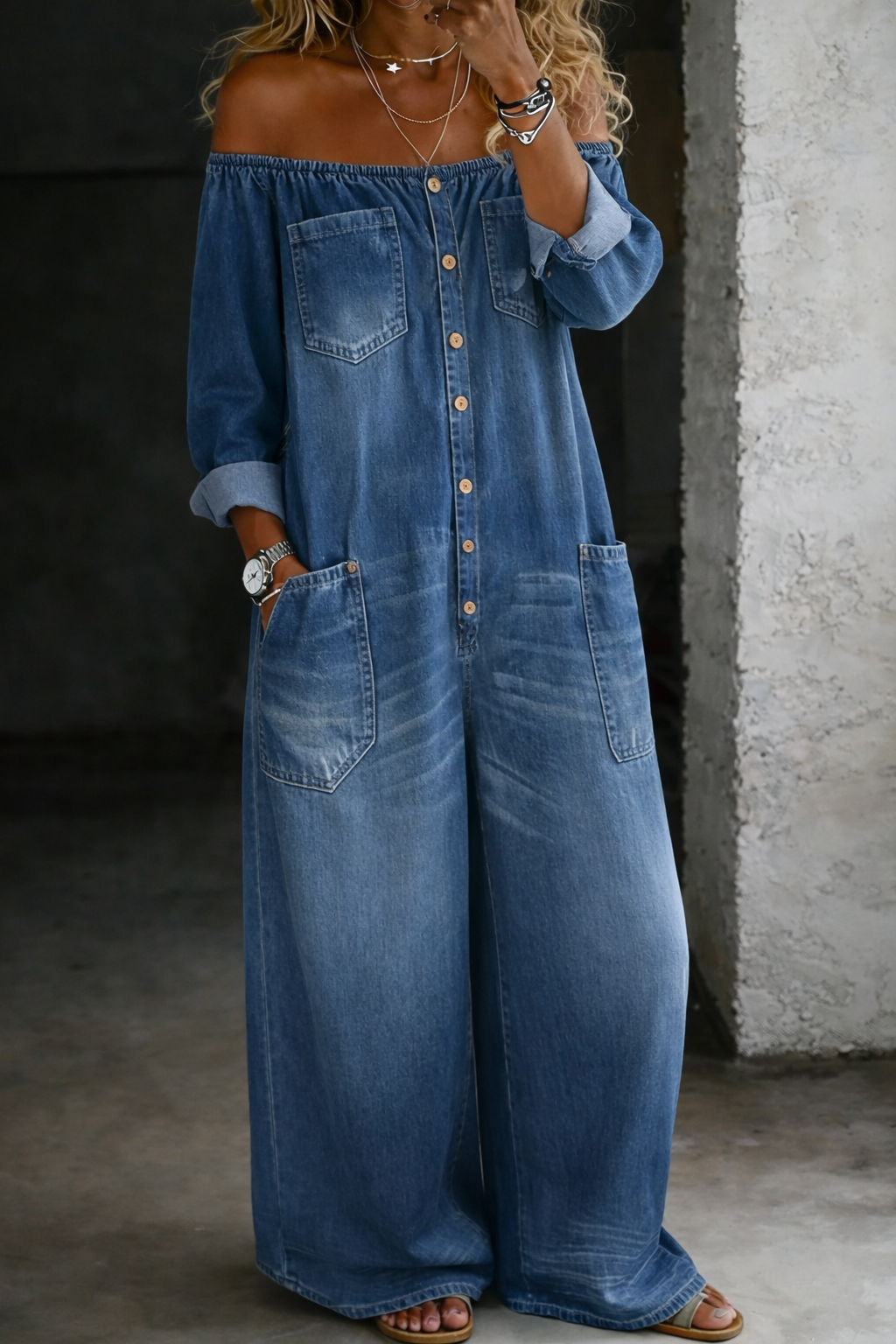 Sidonie | Combinaison denim épaules dénudées