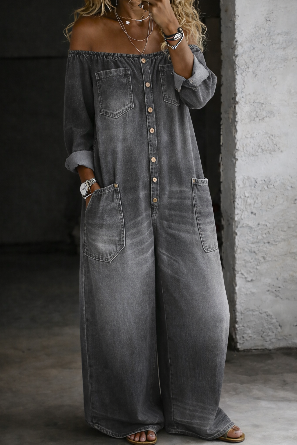 Sidonie | Combinaison denim épaules dénudées