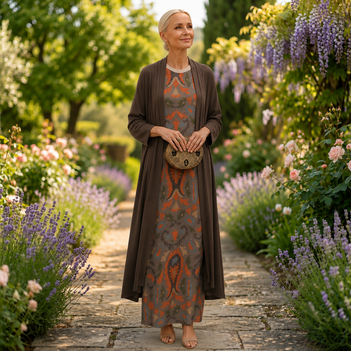 Daniela - Robe longue à motif floral avec gilet ajusté