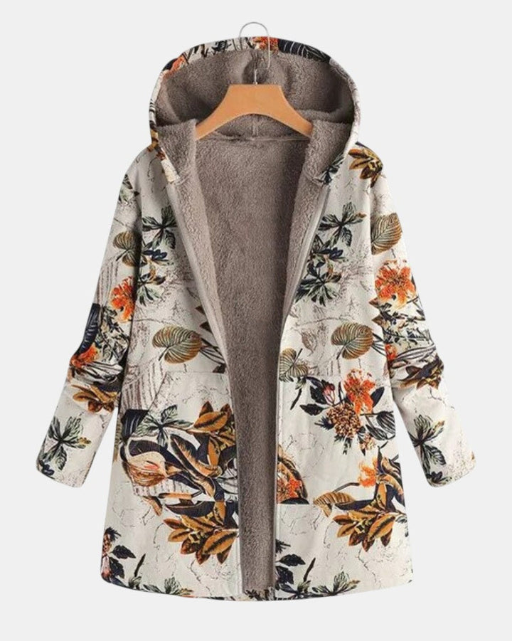 Marie | Manteau à capuche Boho-sherpa avec motif floral