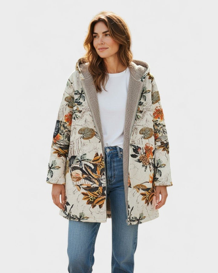 Marie | Manteau à capuche Boho-sherpa avec motif floral