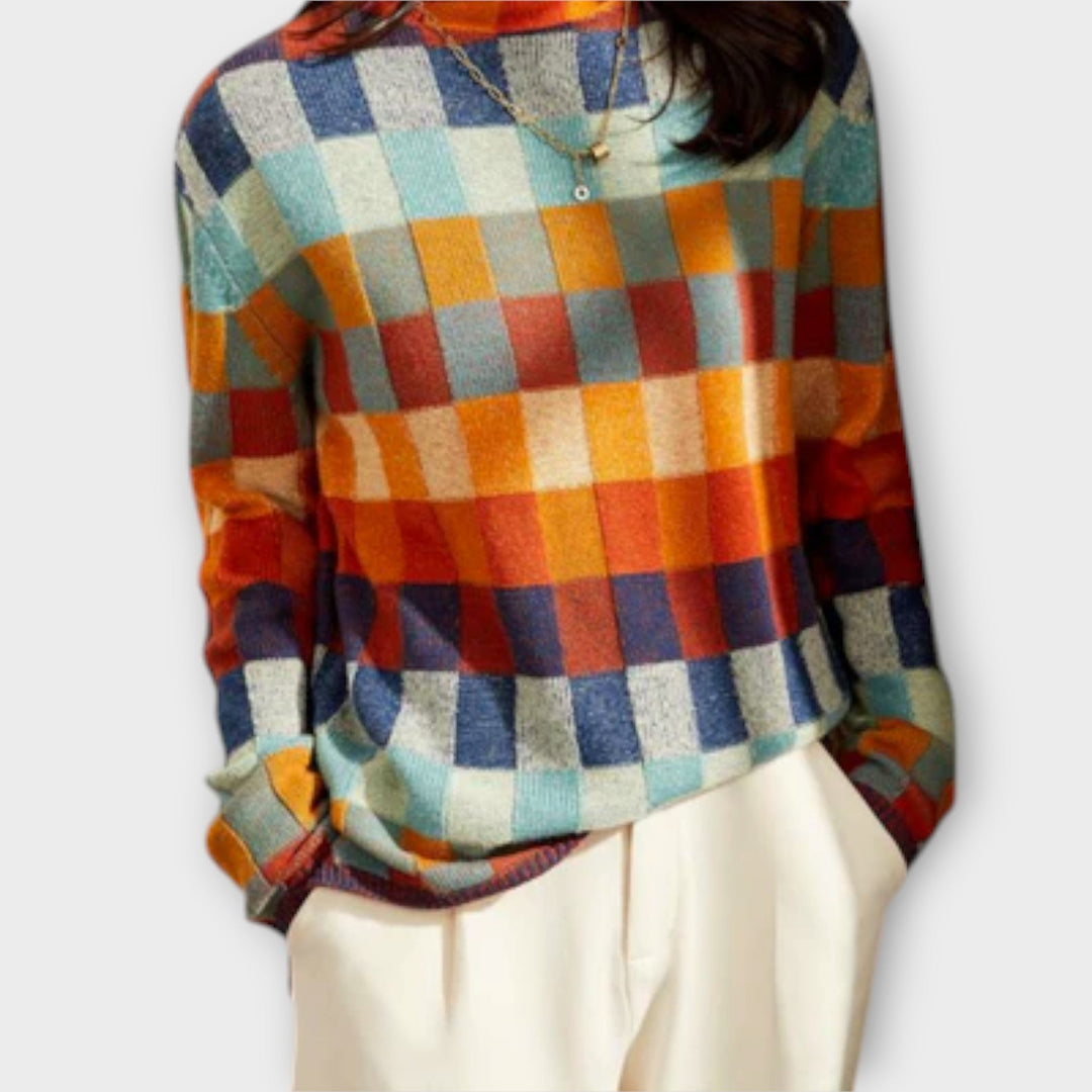 Érica - Pull à col roulé en patchwork coloré avec motif à carreaux