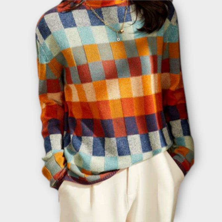Érica - Pull à col roulé en patchwork coloré avec motif à carreaux