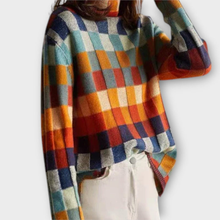 Érica - Pull à col roulé en patchwork coloré avec motif à carreaux