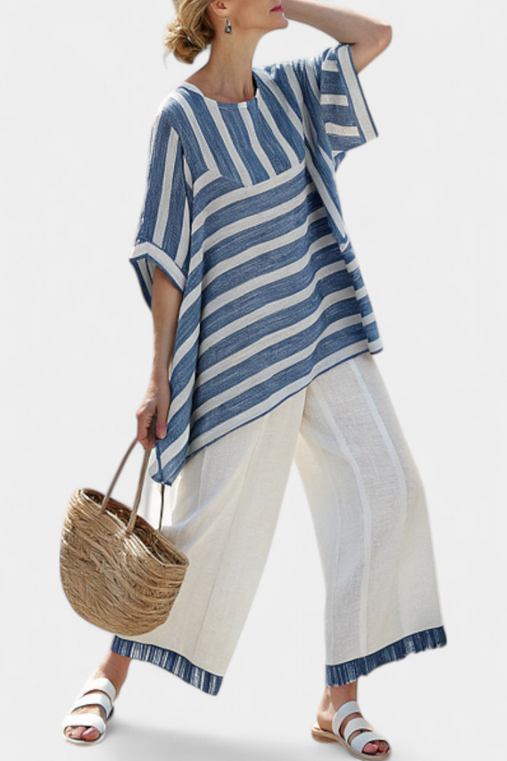 Constance | Ensemble en toile avec des rayures bleues inspiré de la Méditerranée