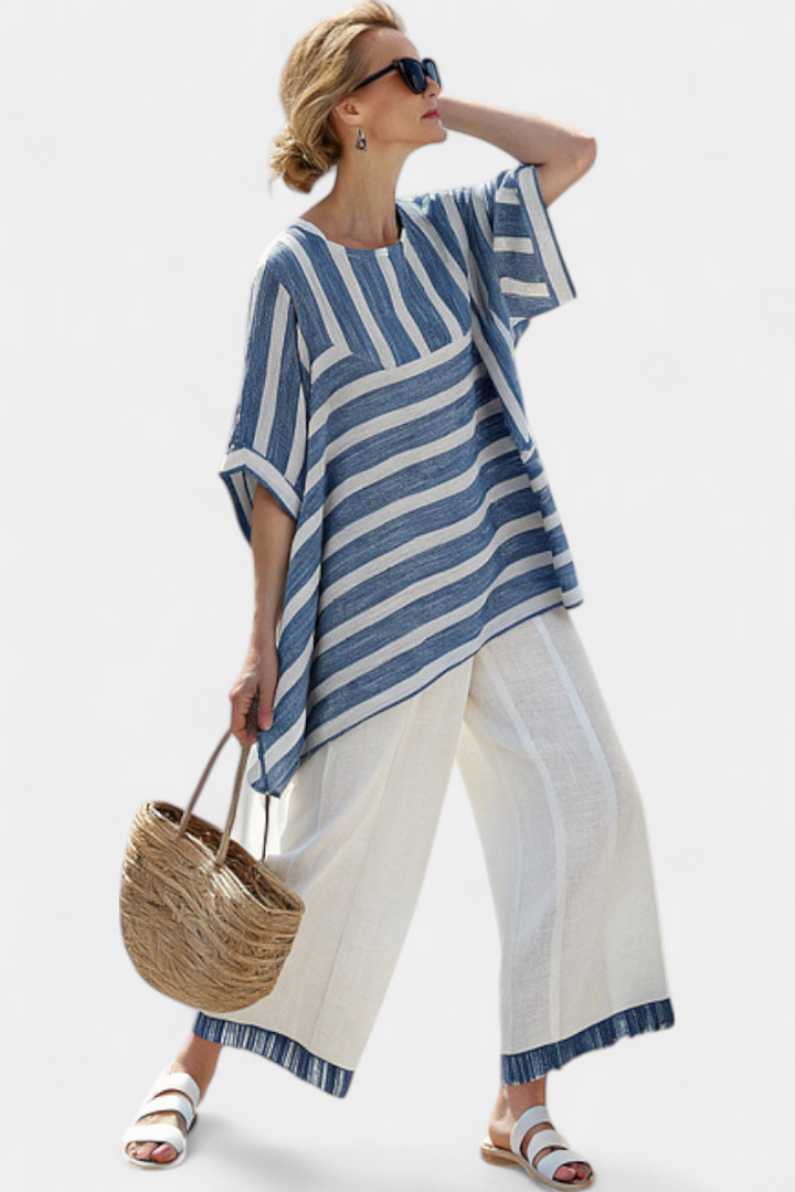 Constance | Ensemble en toile avec des rayures bleues inspiré de la Méditerranée
