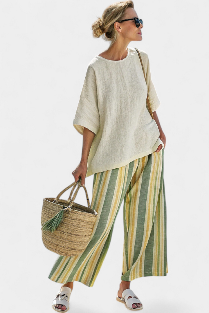 Olivia | Ensemble complet en tissu de bambou avec rayures olive