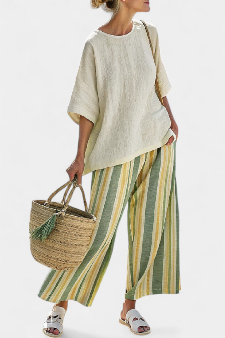 Olivia | Ensemble complet en tissu de bambou avec rayures olive