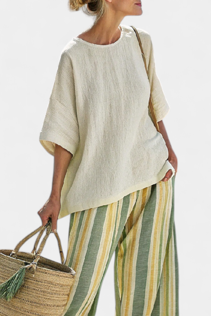 Olivia | Ensemble complet en tissu de bambou avec rayures olive