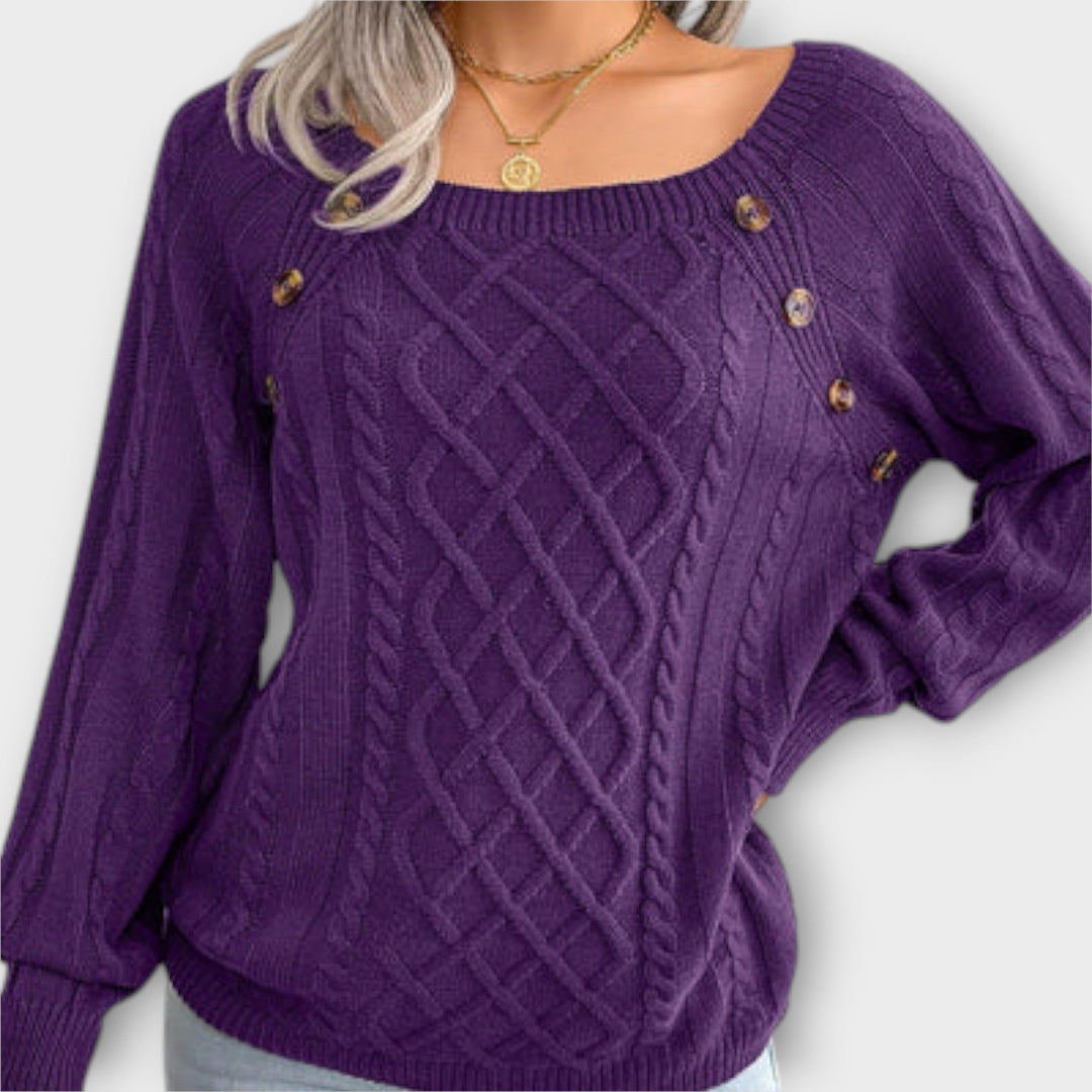 Margot - Pull gris foncé avec boutons et motif en torsades