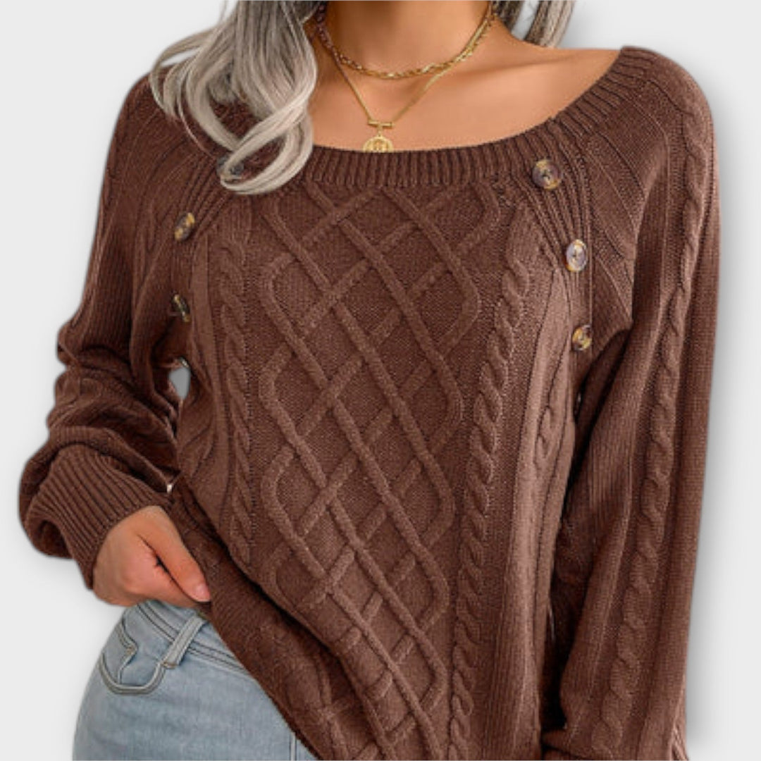 Margot - Pull gris foncé avec boutons et motif en torsades