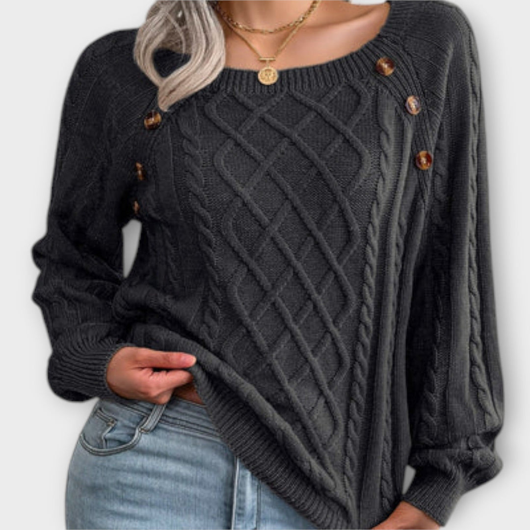 Margot - Pull gris foncé avec boutons et motif en torsades