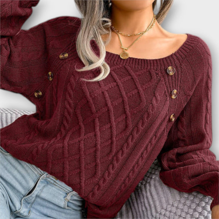 Margot - Pull gris foncé avec boutons et motif en torsades