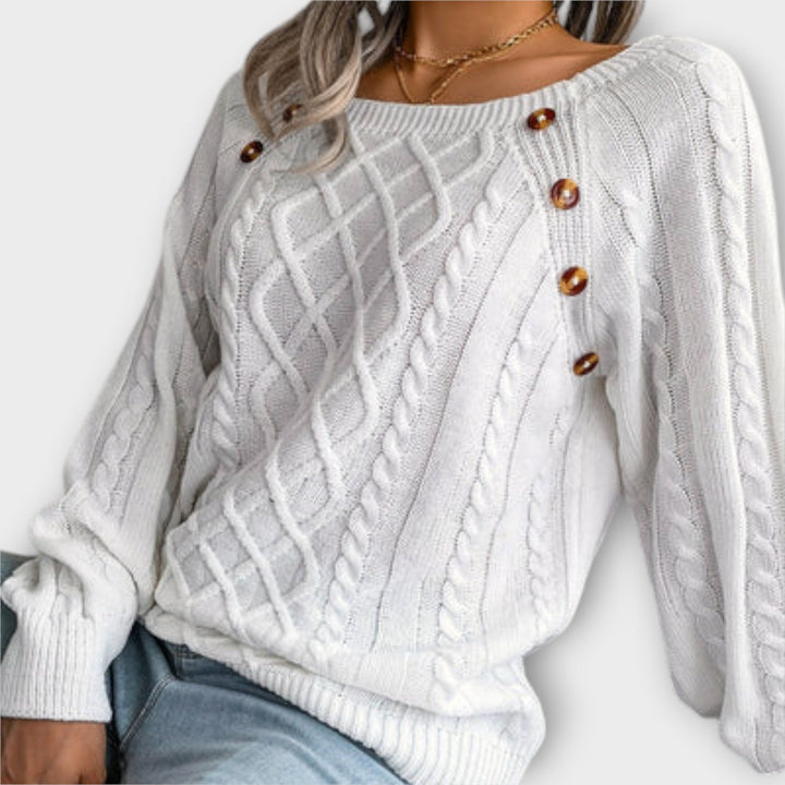 Margot - Pull gris foncé avec boutons et motif en torsades