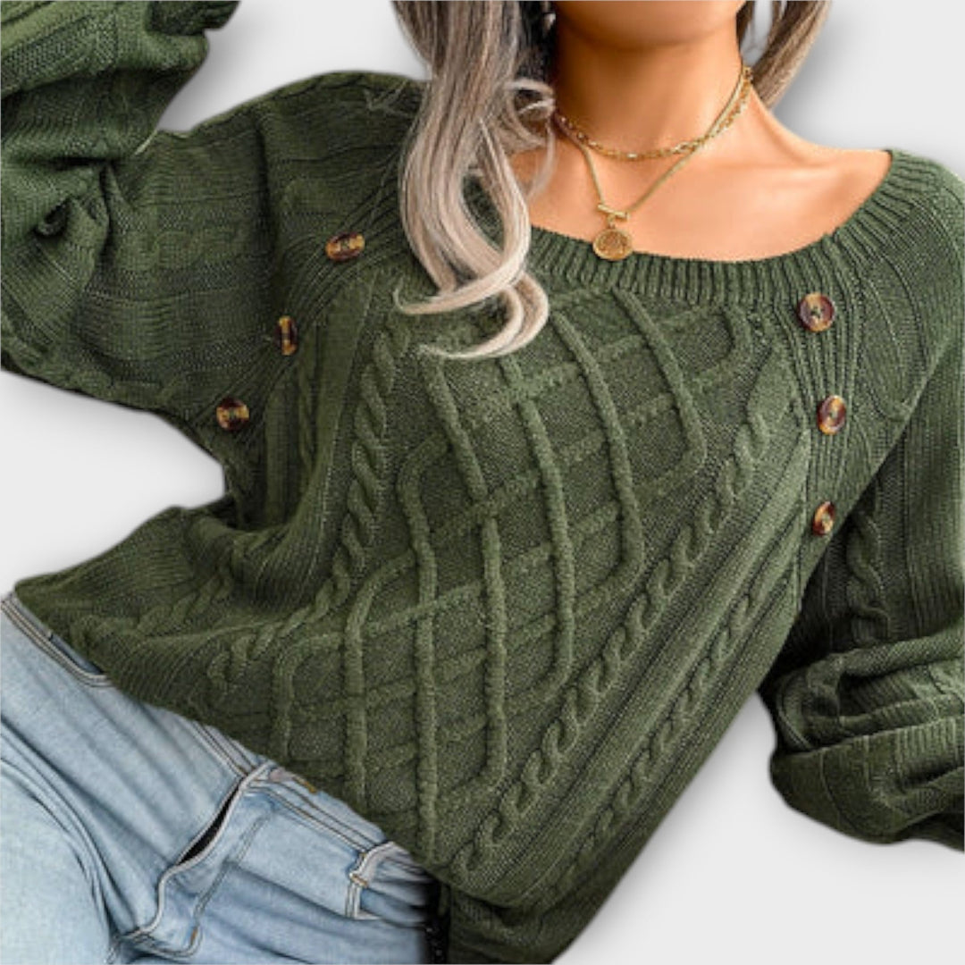 Margot - Pull gris foncé avec boutons et motif en torsades