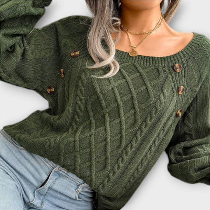 Margot - Pull gris foncé avec boutons et motif en torsades