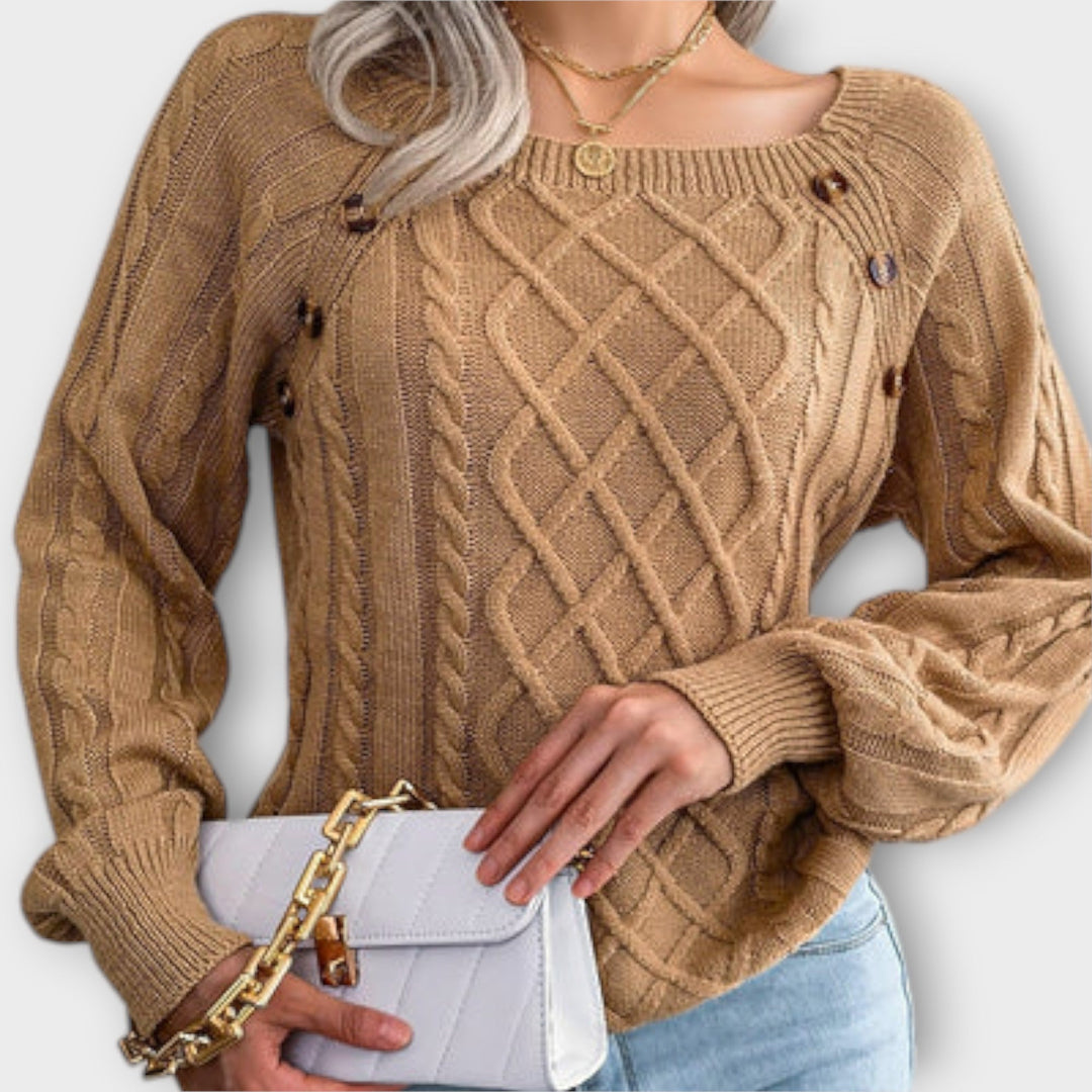 Margot - Pull gris foncé avec boutons et motif en torsades