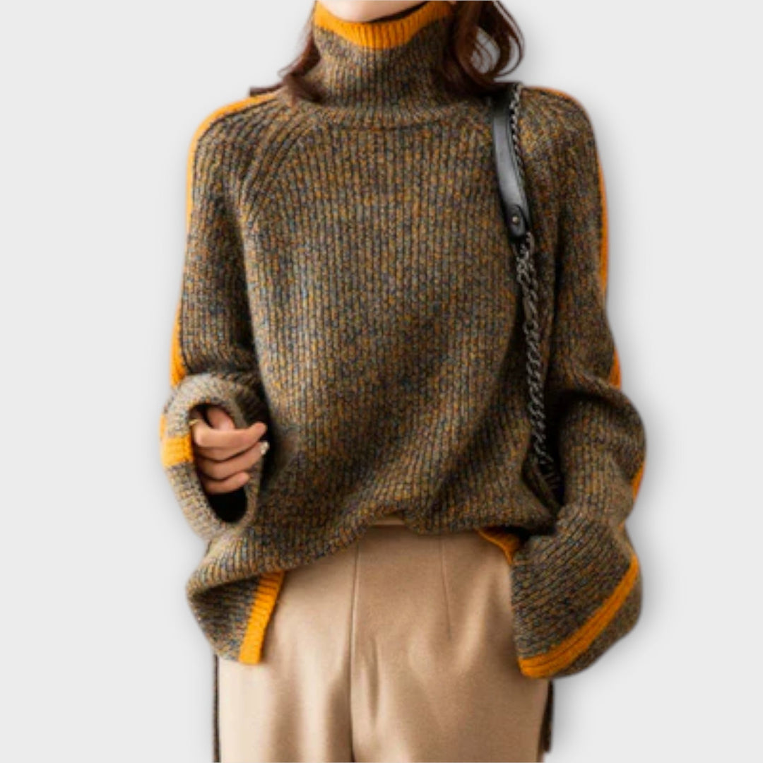 Tiphaine - Pull vintage à col roulé brun avec rayures