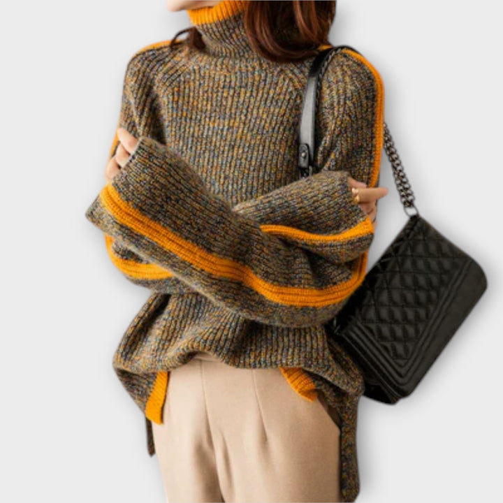 Tiphaine - Pull vintage à col roulé brun avec rayures