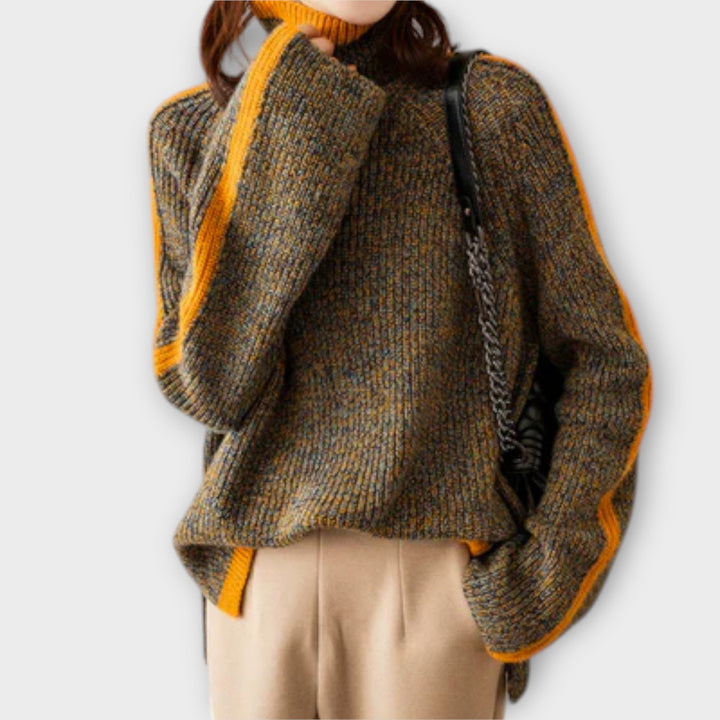 Tiphaine - Pull vintage à col roulé brun avec rayures