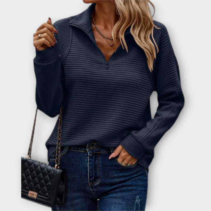 Sandrine - Pull à demi-zip en rose avec motif en côtes