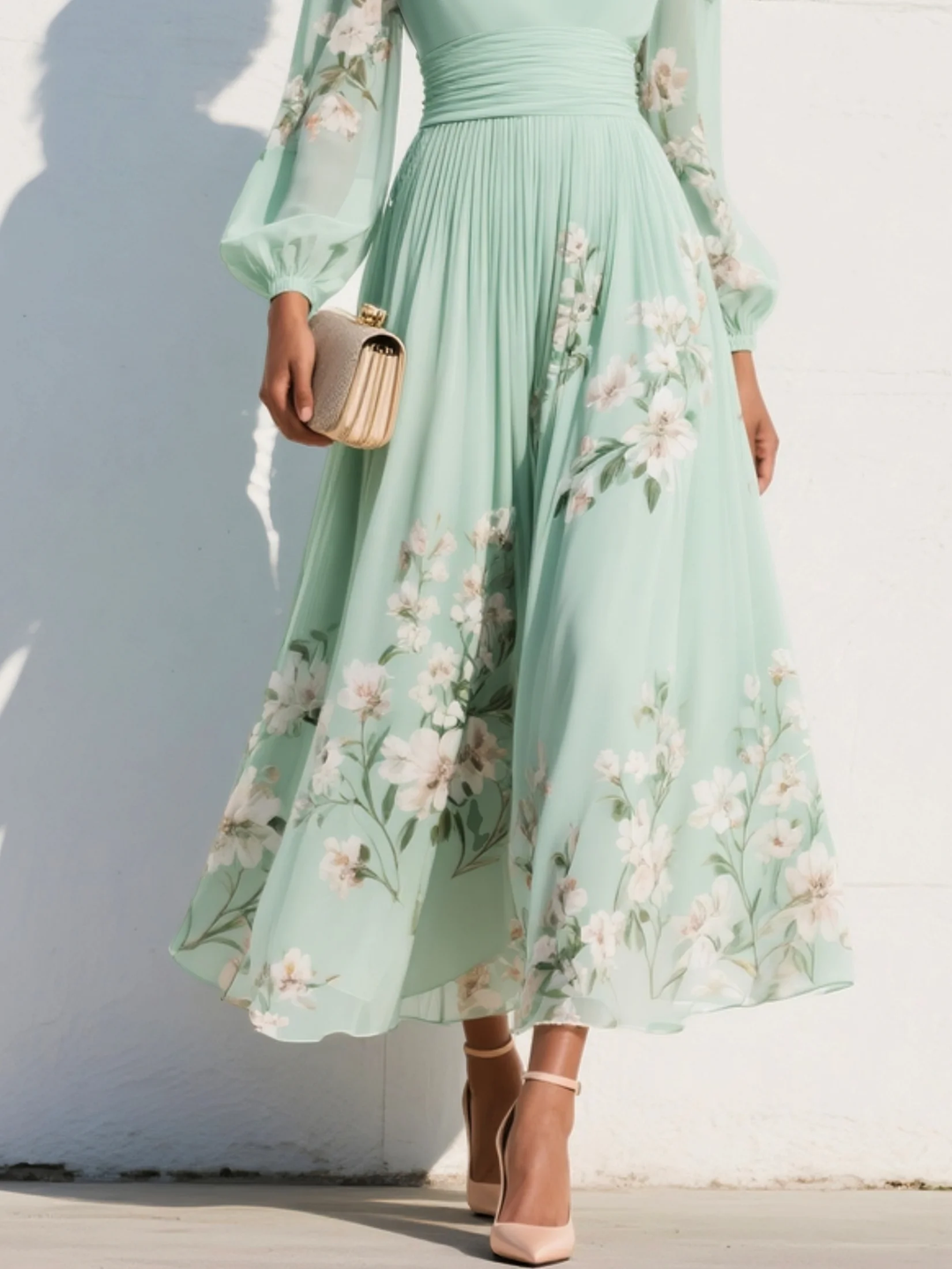 Lucija - Robe Midi en Chiffon Vert Clair avec Plissé Floral