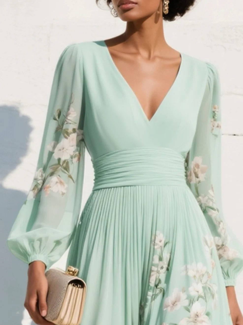 Lucija - Robe Midi en Chiffon Vert Clair avec Plissé Floral