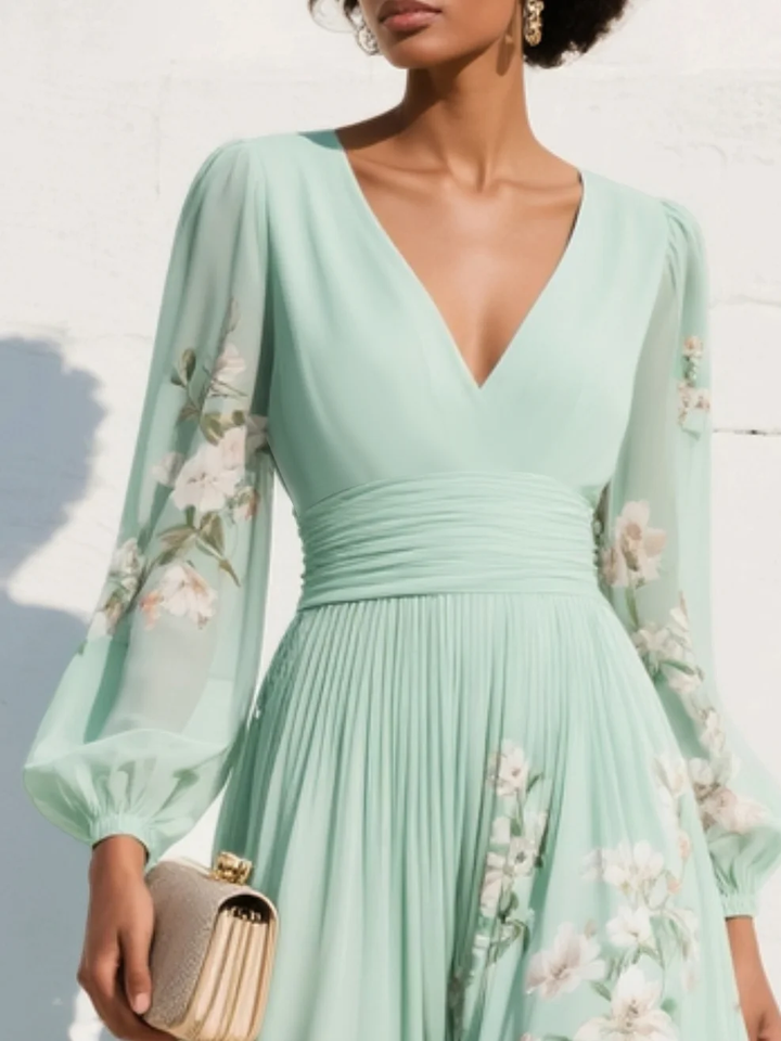 Lucija - Robe Midi en Chiffon Vert Clair avec Plissé Floral